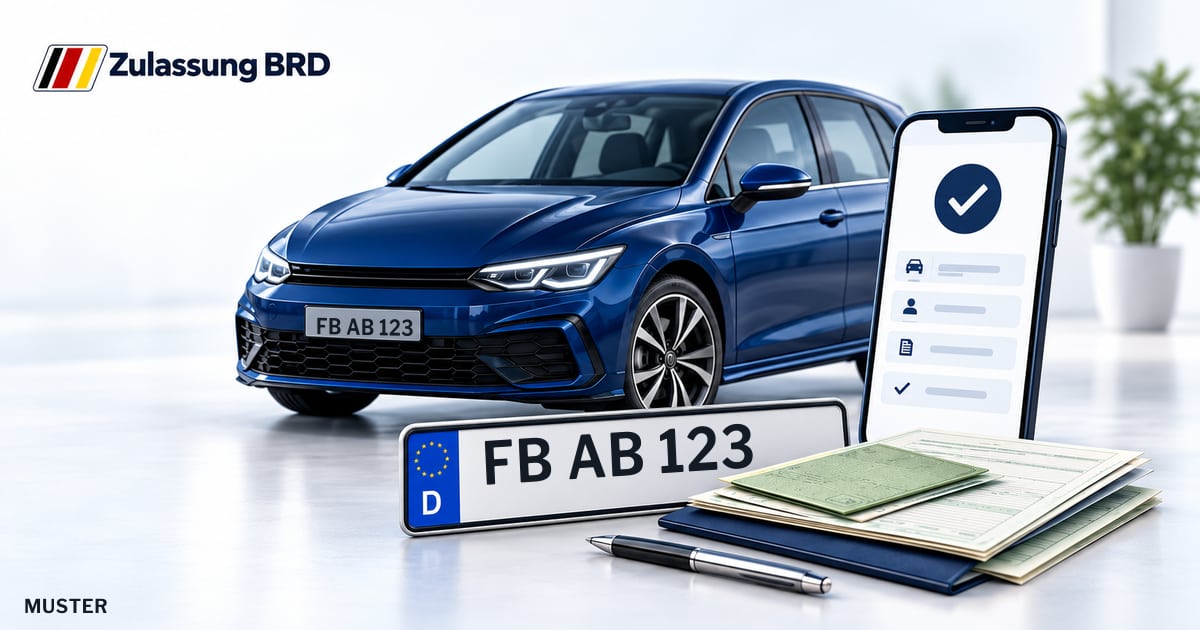 Online Fahrzeugzulassung in Münzenberg: Musterkennzeichen FB AB 123, Auto und Fahrzeugpapiere und Smartphone. Illustration mit Logo von Zulassung BRD.